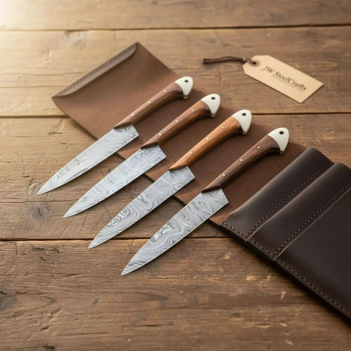 Premium Damascus Cutlery Set — Includes Santoku, Chef Knife, Cleaver, Petty Knife &amp; Honing Rod handmade