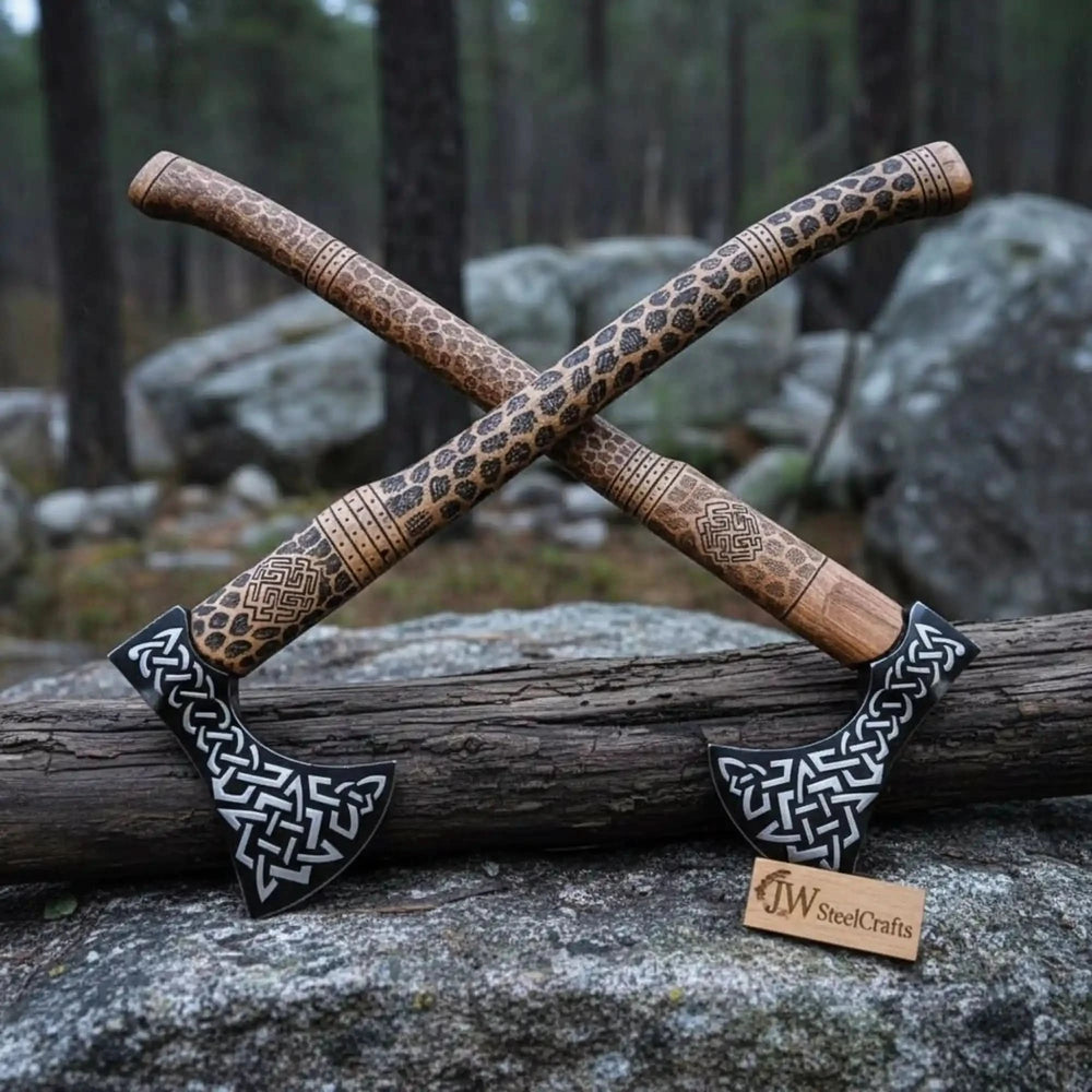 Brimstone-style Nordic engraved hatchets with polished black blades and carved hardwood grips outdoors.