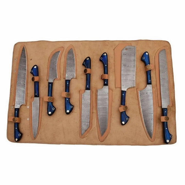 JW SteelCrafts 9-piece Damascus kitchen knife set in open leather roll with all blades unsheathed and visible
