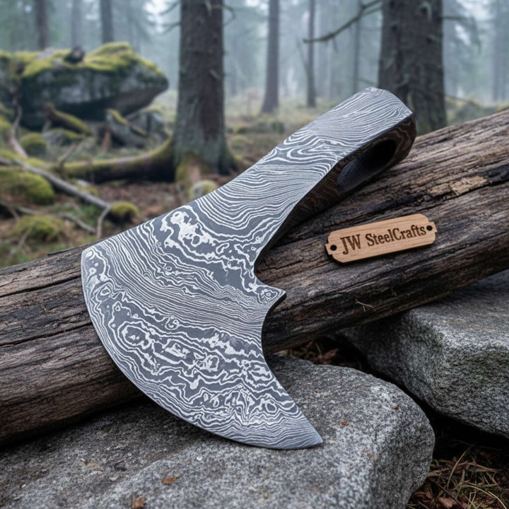     Forged Damascus axe head with bold layered steel texture showcased in natural forest environment beside rustic logs.