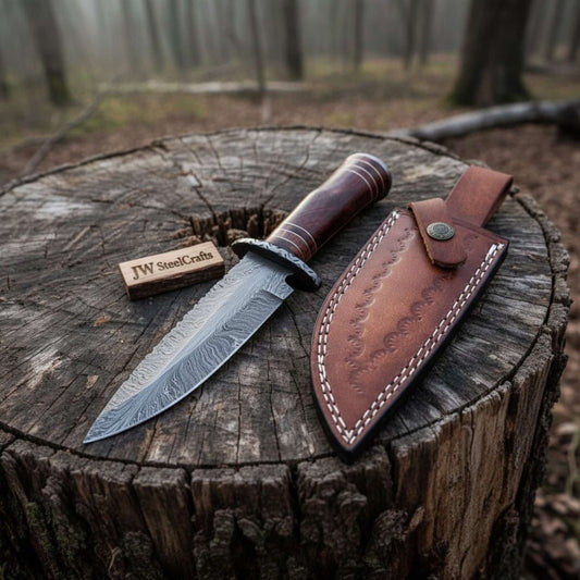 Damascus Bowie knife with wood handle and hand stitched leather sheath displayed on tree stump with JW SteelCrafts maker tag.