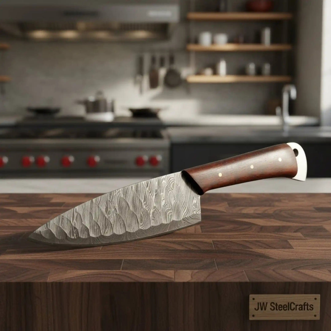 Handmade cleaver style chef knife featuring a patterned Damascus blade and polished wood handle