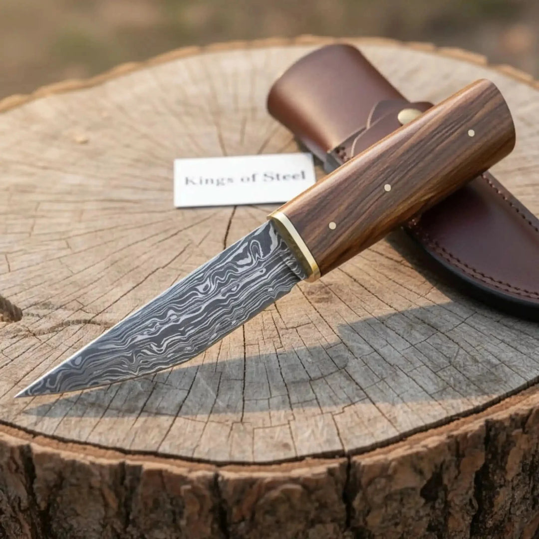 Damascus Bushcraft Viking Seax Knife With Wooden Handle And Leather Sheath Displayed On A Wooden Surface.