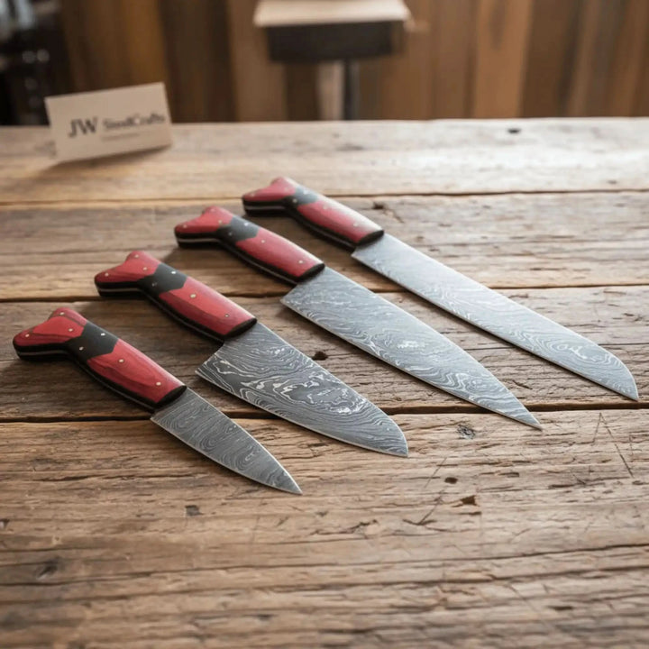 Damascus Carving Knife Set Red Pakka Black Resin Replica