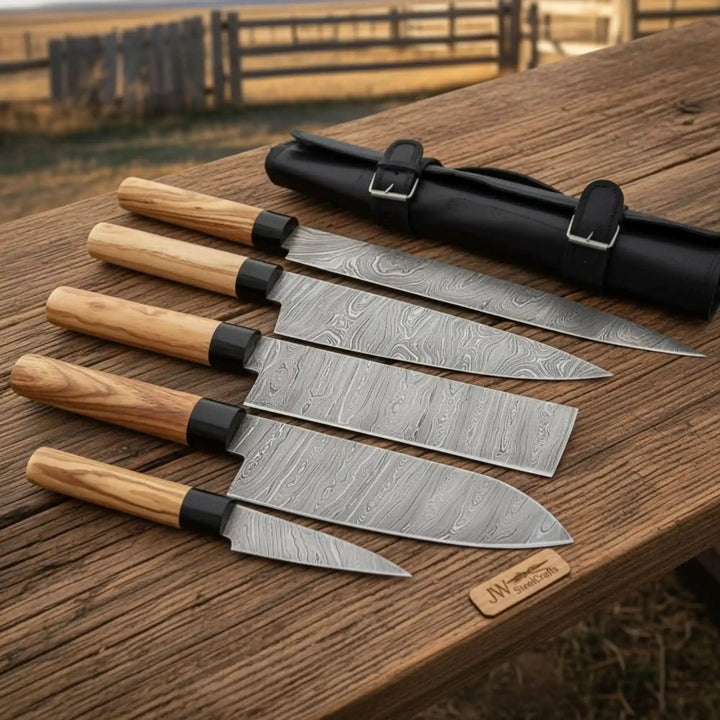 Damascus Chef Knife Set Olive Wood Leather Roll