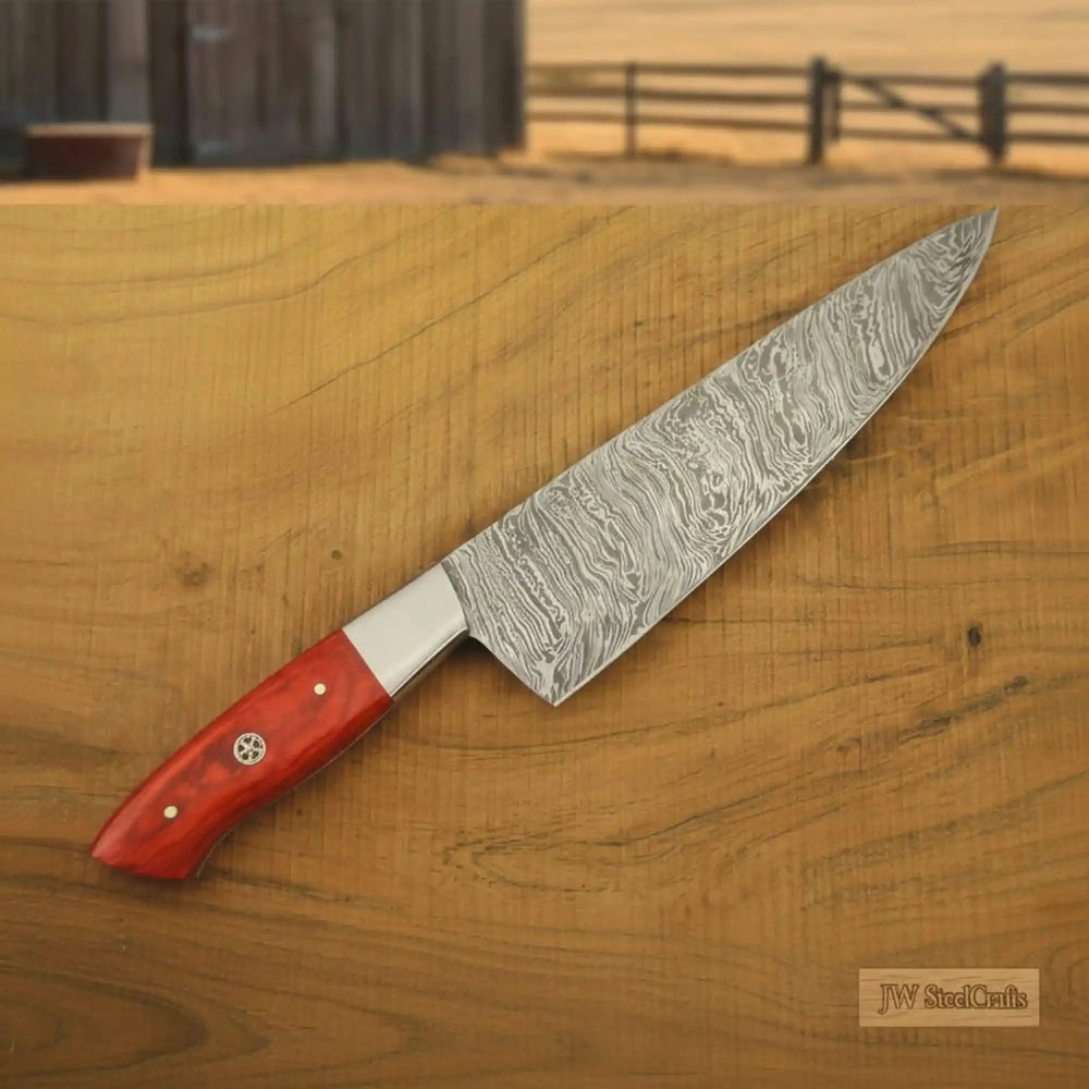 Damascus Chef Knife Set Red Pakka Wood Mancraft