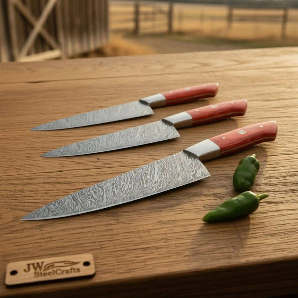 Damascus Chef Knife Set Red Pakka Wood Replica