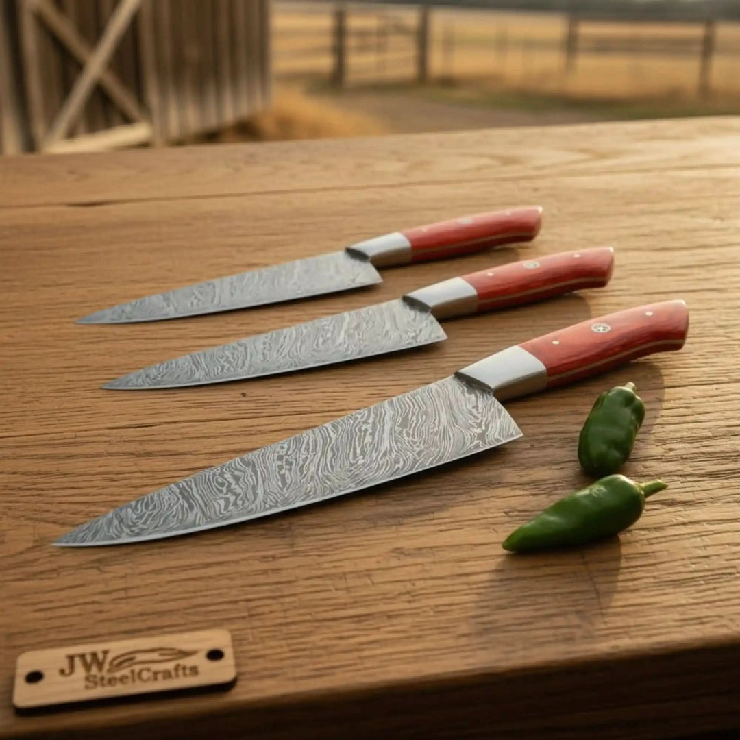 Damascus Chef Knife Set Red Pakka Wood Replica