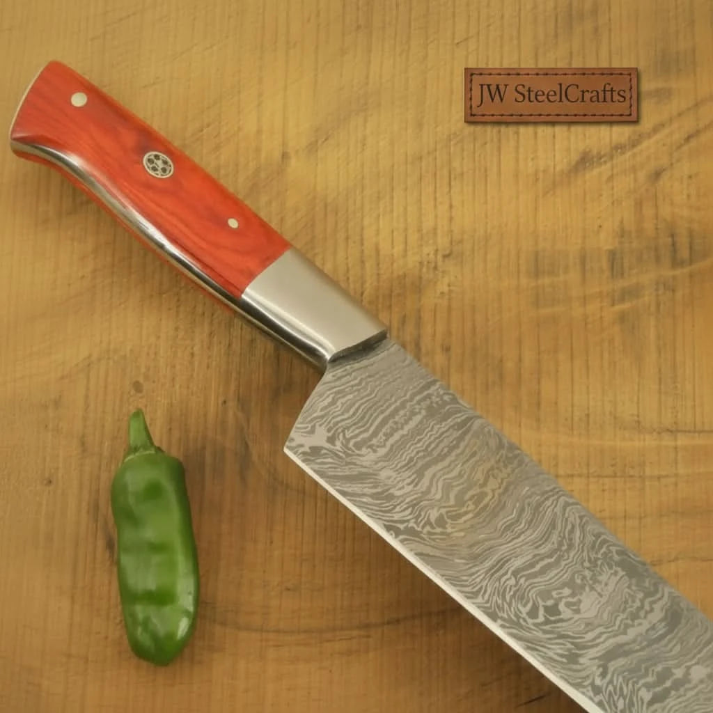 Damascus Chef Knife Set Red Pakka Wood