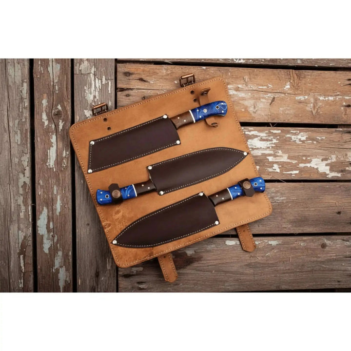 Damascus Chef Knife Set Resin Wood Handle Replica