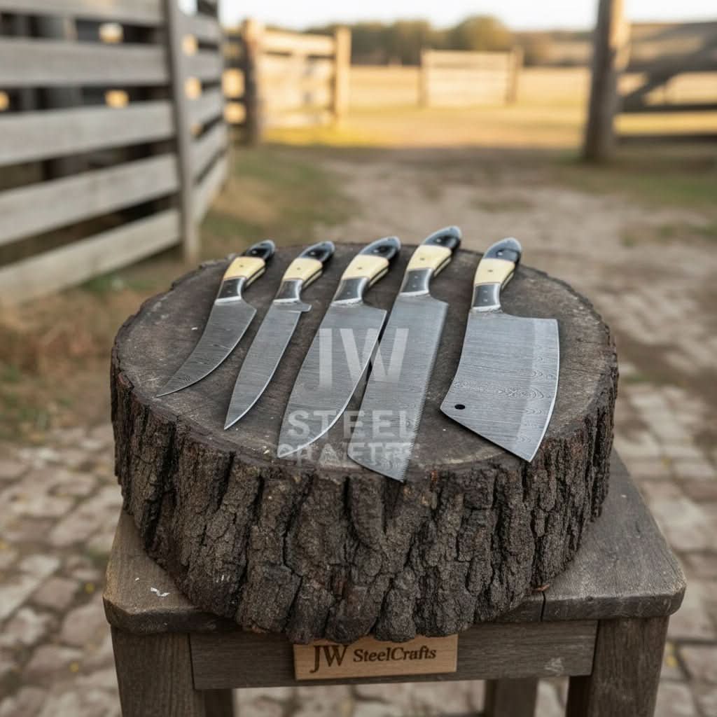 Side view of a 5-piece handmade Damascus steel knife set with cream and black resin handles, arranged on a rustic tree log in an outdoor setting.