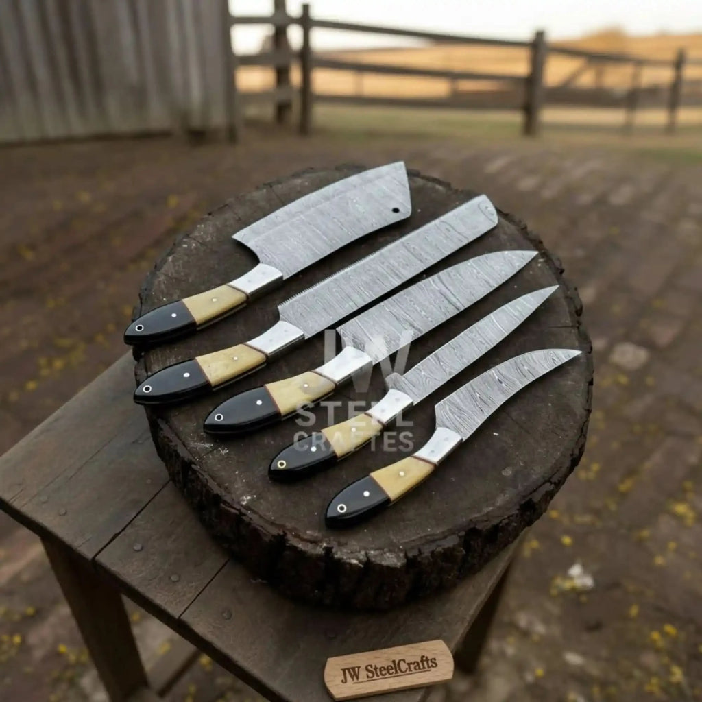 5-Piece Damascus Chef Knife Set – Camel Bone and Black Micarta