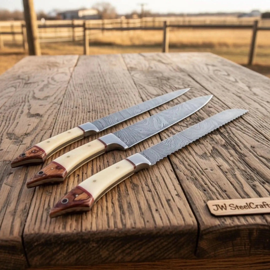 Handmade kitchen Damascus knives with resin handles and patterned steel blades.