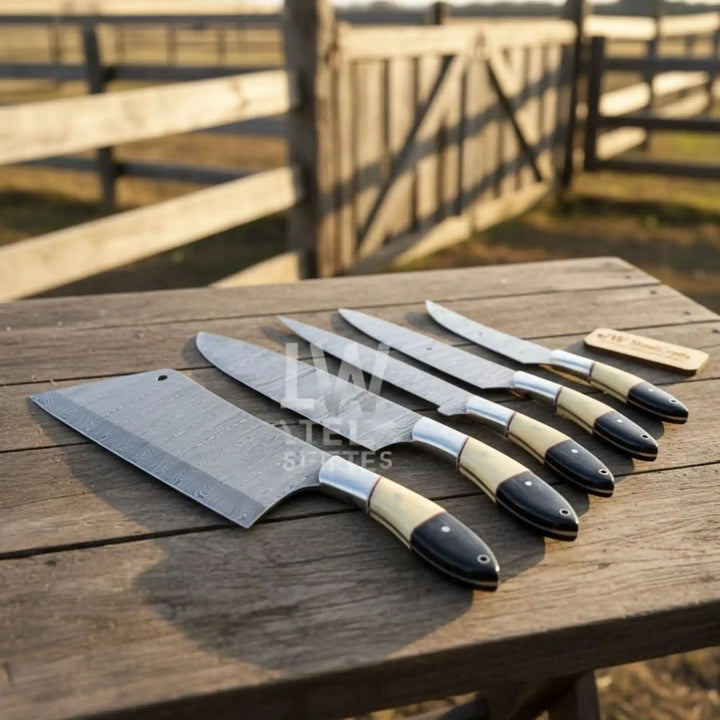 Luxury Damascus steel kitchen knives featuring unique blade patterns and ergonomic wood-resin hybrid handles, perfect for outdoor cooking and BBQ.