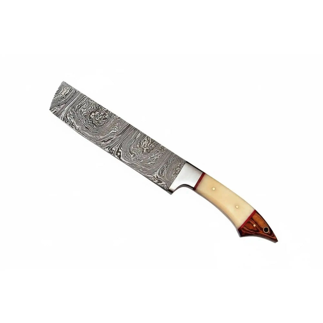 Blade cleaver knife with layered steel textures and polished cream grip.