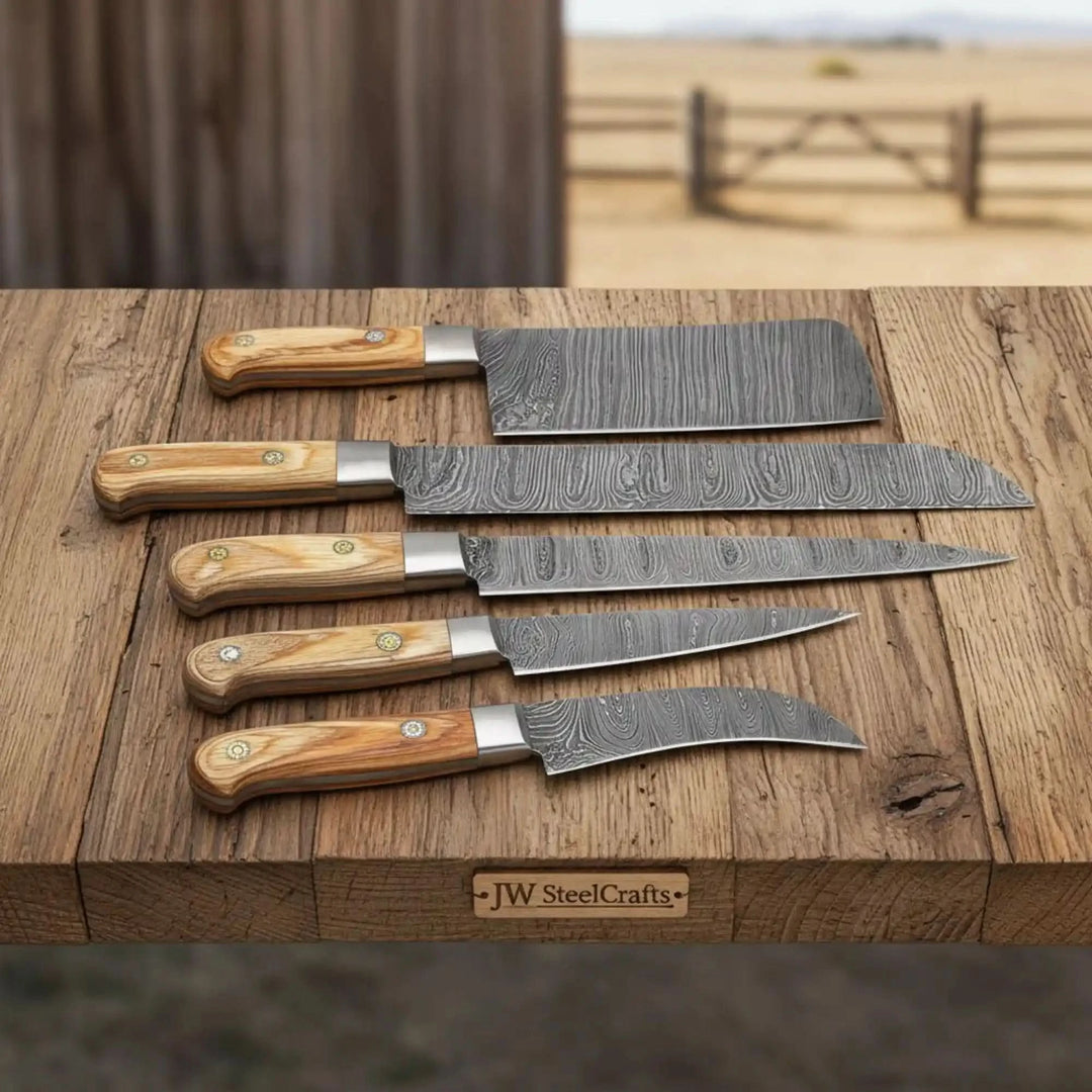 Damascus Cleaver Slicer Knife Set Olive Wood