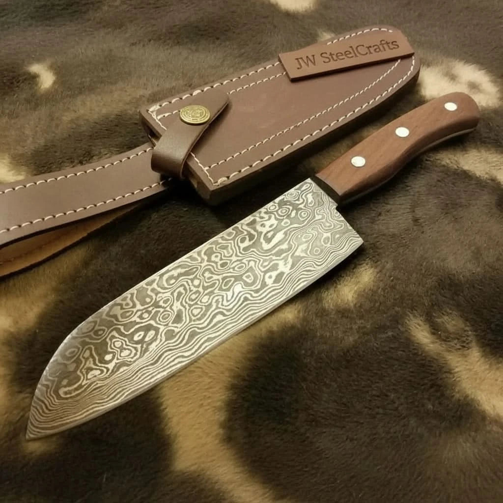Unique wood handle cleaver knife with flowing Damascus pattern and brown leather sheath