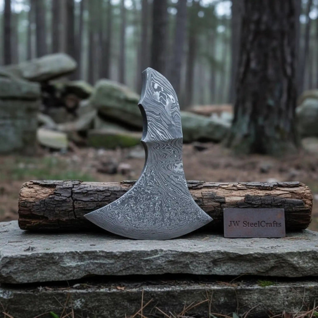     Full steel Damascus beard axe head with compact curved profile photographed in woodland environment