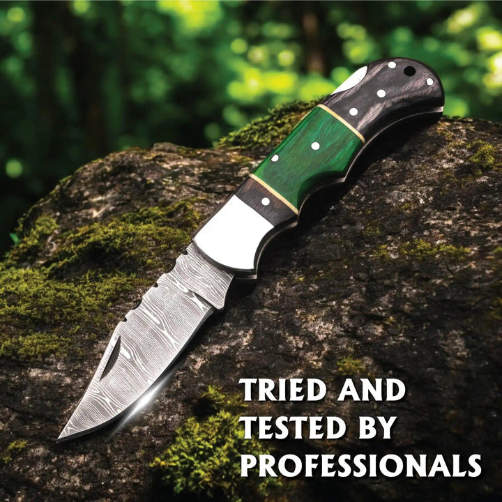 Damascus Folding Knife | Green &amp; Black Dyed Wood Handle | Pocket Knife handmade Back Lock Folder by JW SteelCrafts