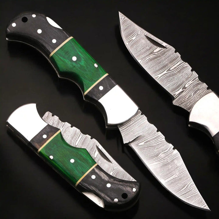 Damascus Folding Knife | Green &amp; Black Dyed Wood Handle | Pocket Knife handmade Back Lock Folder by JW SteelCrafts