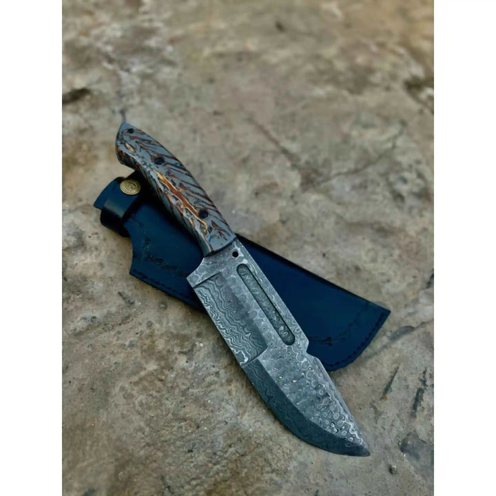 Damascus Hunting Knife with Grey Pinecone Handle | Full Tang + Black Leather Sheath handmade Survival Knife by JW SteelCrafts