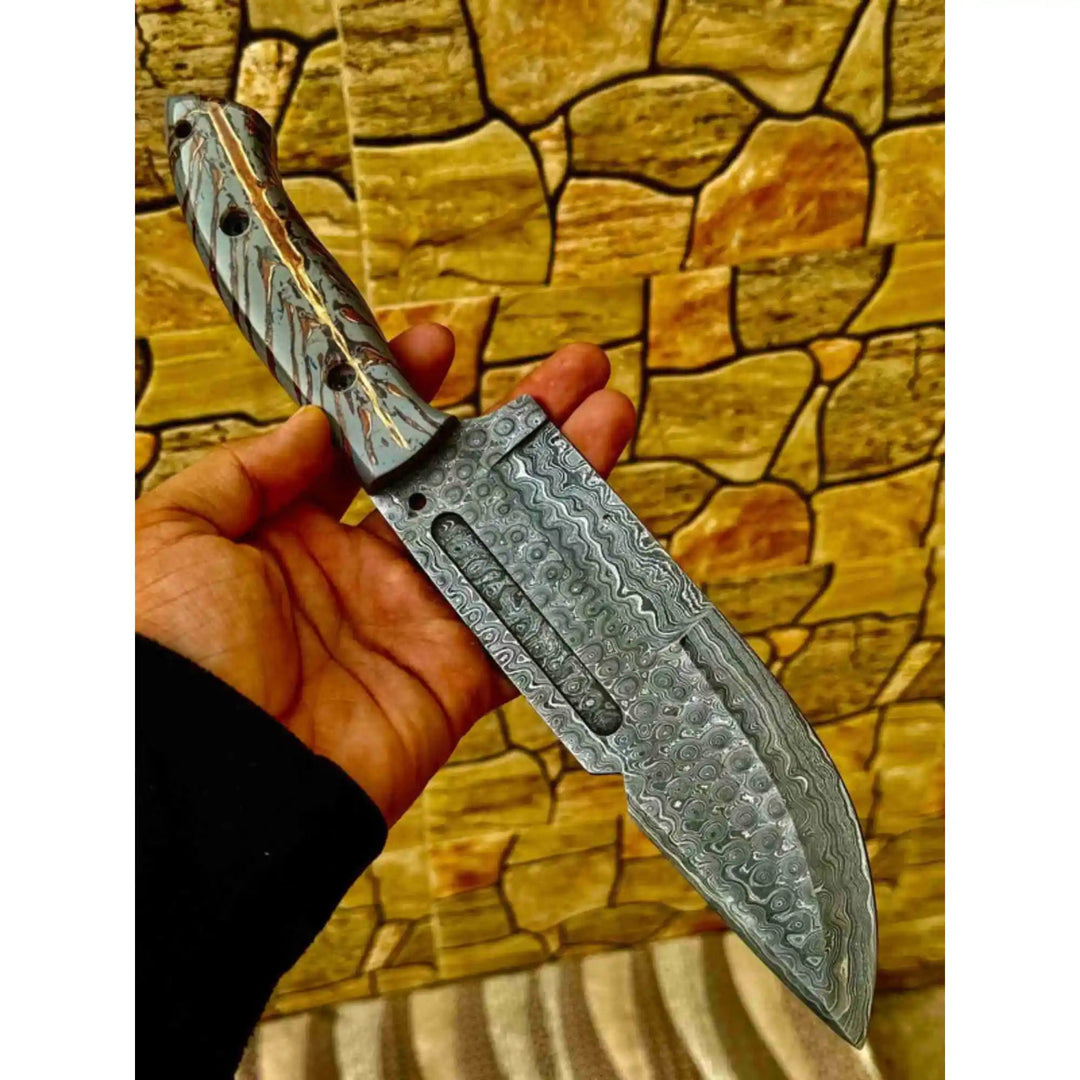 Damascus Hunting Knife with Grey Pinecone Handle | Full Tang + Black Leather Sheath handmade Survival Knife by JW SteelCrafts