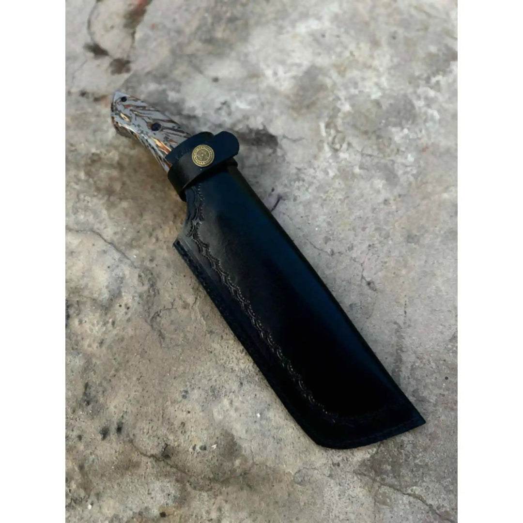 Damascus Hunting Knife with Grey Pinecone Handle | Full Tang + Black Leather Sheath handmade Survival Knife by JW SteelCrafts