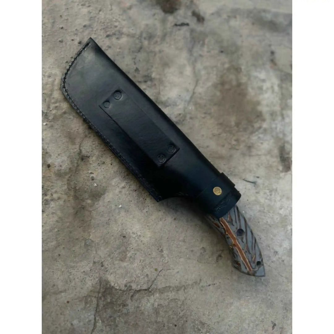 Damascus Hunting Knife with Grey Pinecone Handle | Full Tang + Black Leather Sheath handmade Survival Knife by JW SteelCrafts