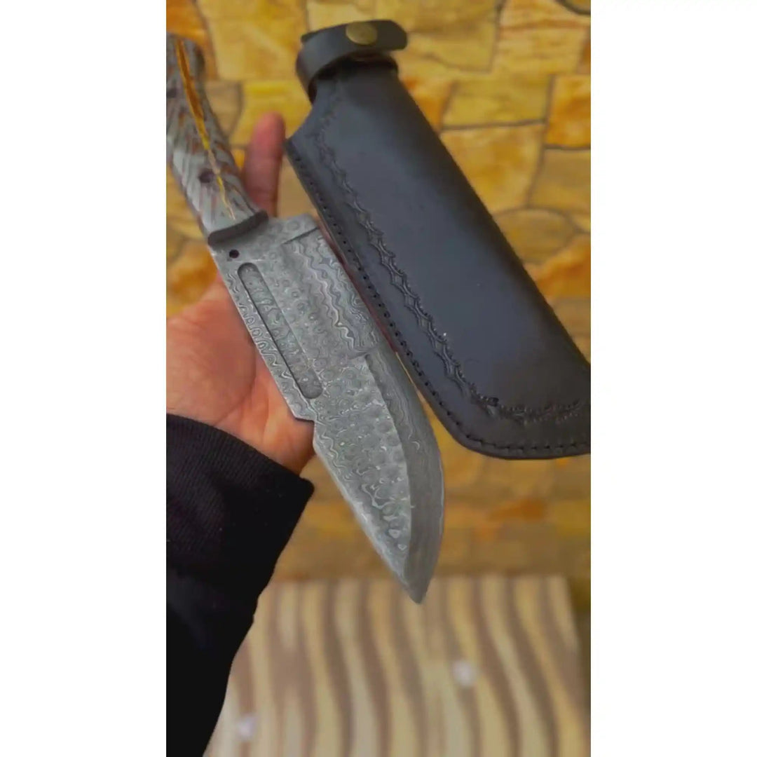 Damascus Hunting Knife with Grey Pinecone Handle | Full Tang + Black Leather Sheath handmade Survival Knife by JW SteelCrafts