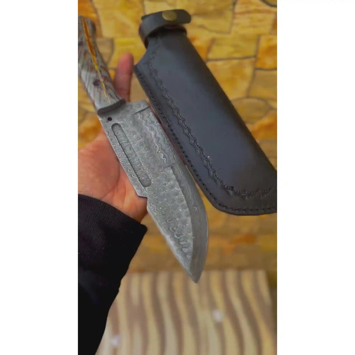 Damascus Hunting Knife with Grey Pinecone Handle | Full Tang + Black Leather Sheath handmade Survival Knife by JW SteelCrafts
