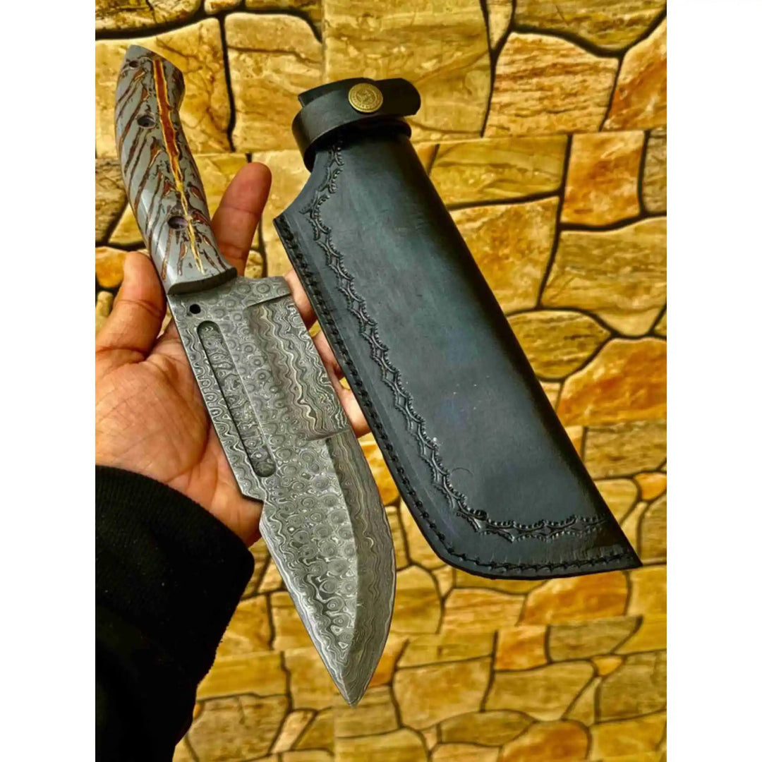 Damascus Hunting Knife with Grey Pinecone Handle | Full Tang + Black Leather Sheath handmade Survival Knife by JW SteelCrafts