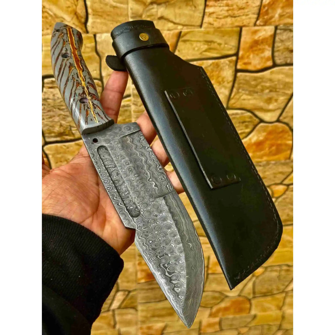 Damascus Hunting Knife with Grey Pinecone Handle | Full Tang + Black Leather Sheath handmade Survival Knife by JW SteelCrafts