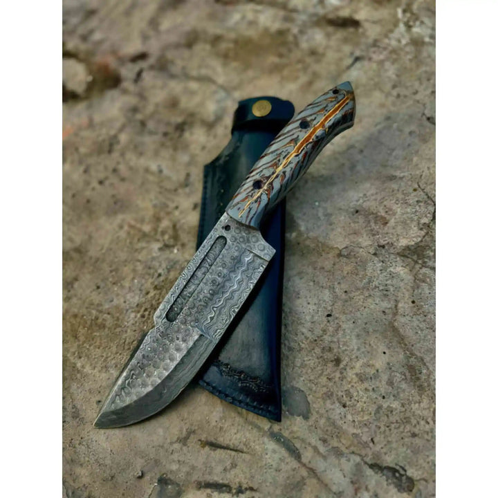 Damascus Hunting Knife with Grey Pinecone Handle | Full Tang + Black Leather Sheath handmade Survival Knife by JW SteelCrafts