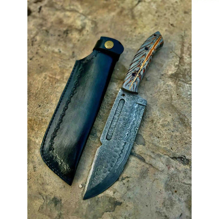 Damascus Hunting Knife with Grey Pinecone Handle | Full Tang + Black Leather Sheath handmade Survival Knife by JW SteelCrafts