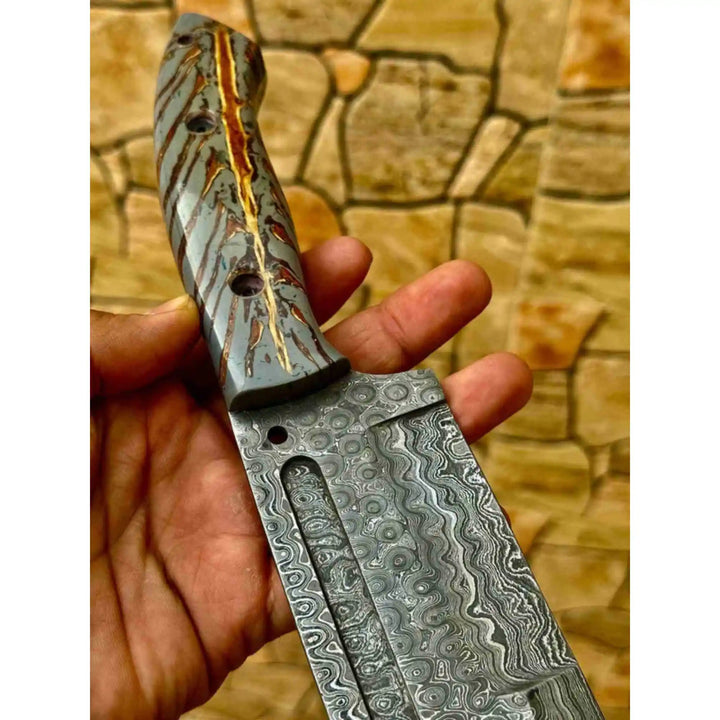 Damascus Hunting Knife with Grey Pinecone Handle | Full Tang + Black Leather Sheath handmade Survival Knife by JW SteelCrafts