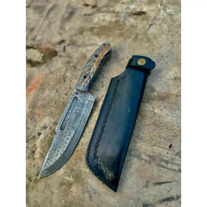 Damascus Hunting Knife with Grey Pinecone Handle | Full Tang + Black Leather Sheath handmade Survival Knife by JW SteelCrafts