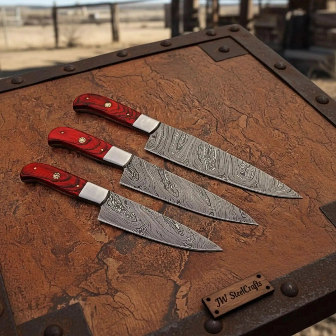 Damascus Kiritsuke Knife Set Red Pakka Wood