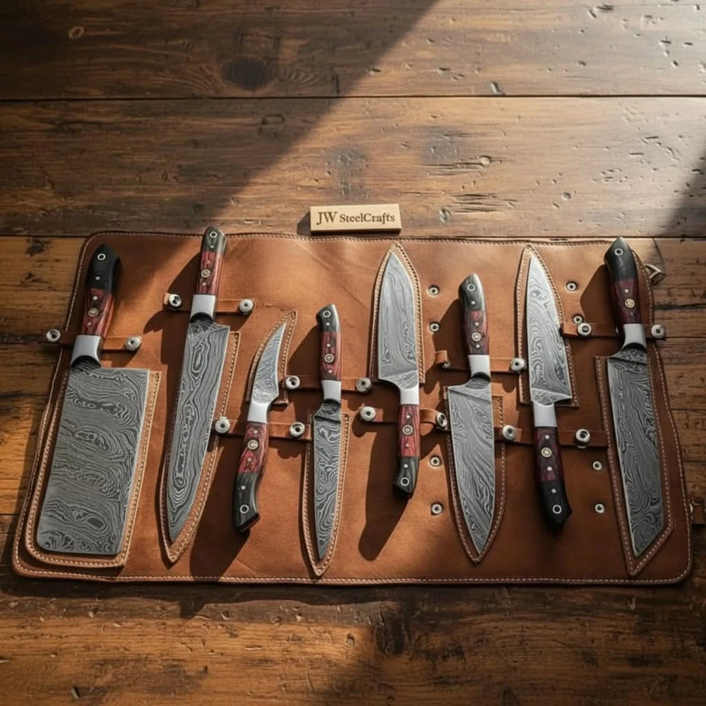 Damascus Kitchen Knife Set with Leather Roll Replica