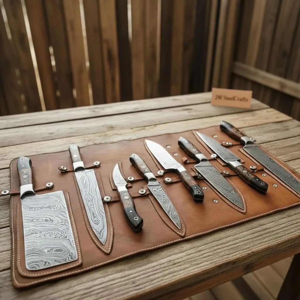 Damascus Kitchen Knife Set with Leather Roll