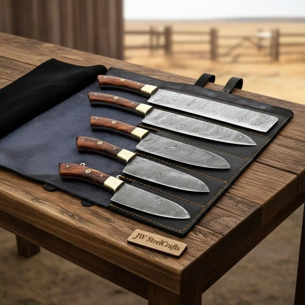 Damascus Kitchen Knife Set Pakka Wood Leather Roll Replica
