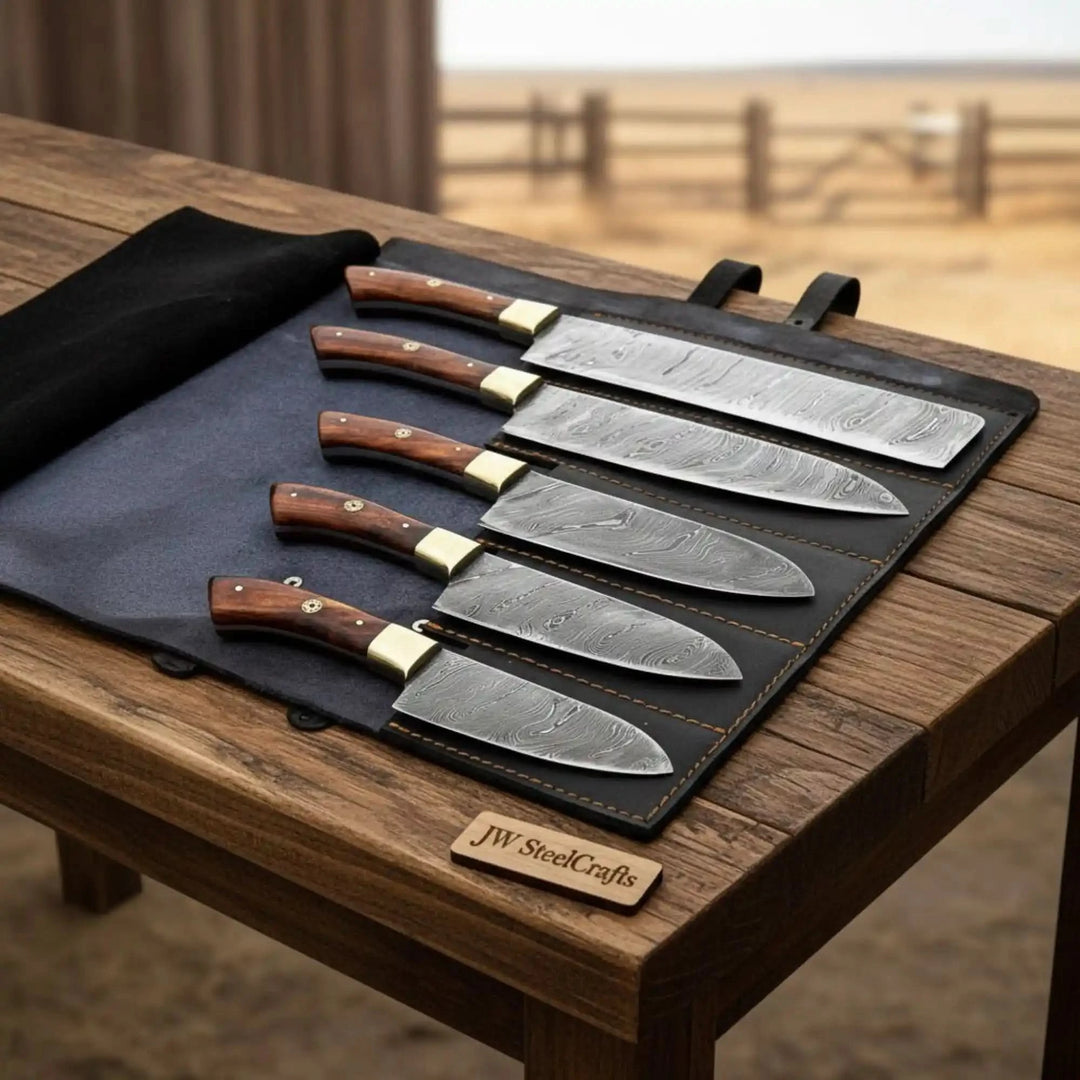 Damascus Kitchen Knife Set Pakka Wood Leather Roll Replica