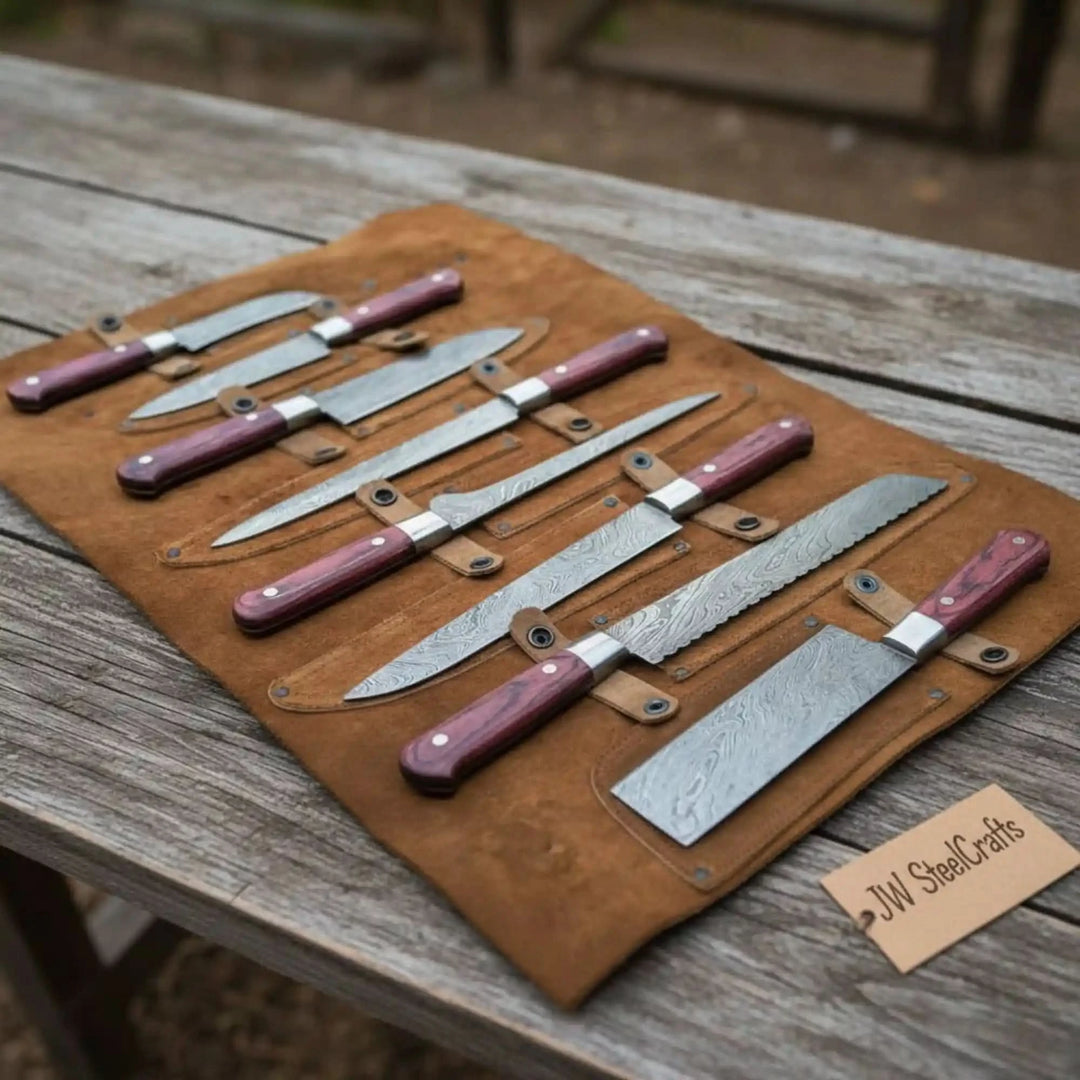 Damascus Kitchen Knife Set Red Pakka Wood