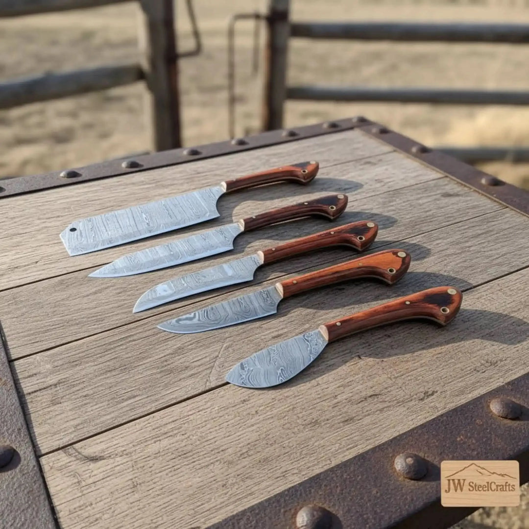 Damascus Kitchen Knife Set with Cleaver Pakka Wood