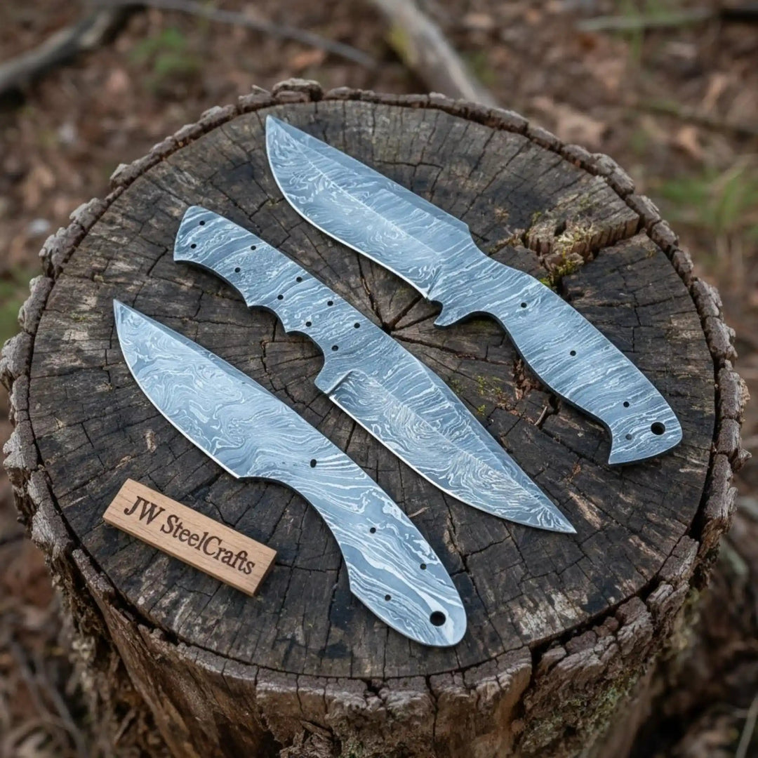 Damascus Knife Blanks Set 4.5 Inch Blades Fixed Blade DIY Trio handmade Knife blank Blades by JW SteelCrafts