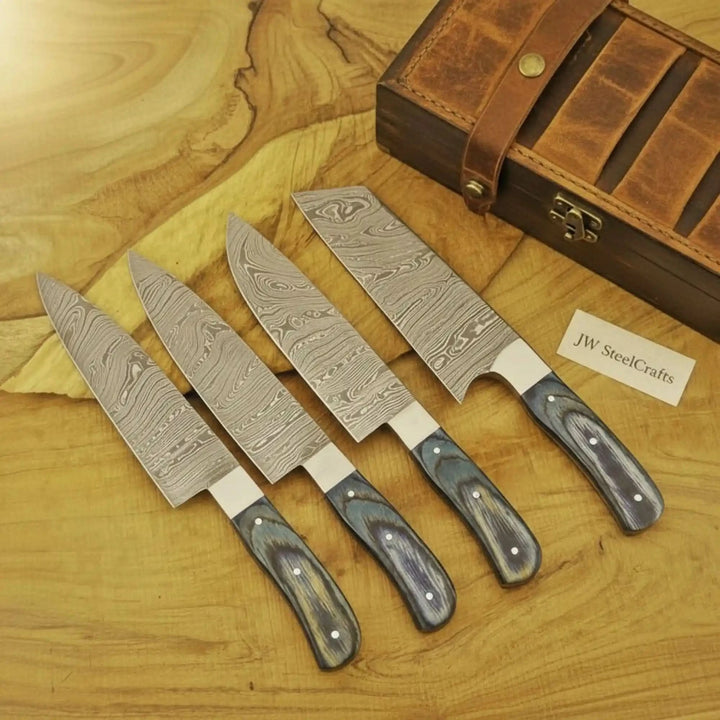 Rustic Damascus chef knives with layered steel artistry and hardwood ergonomic grips.