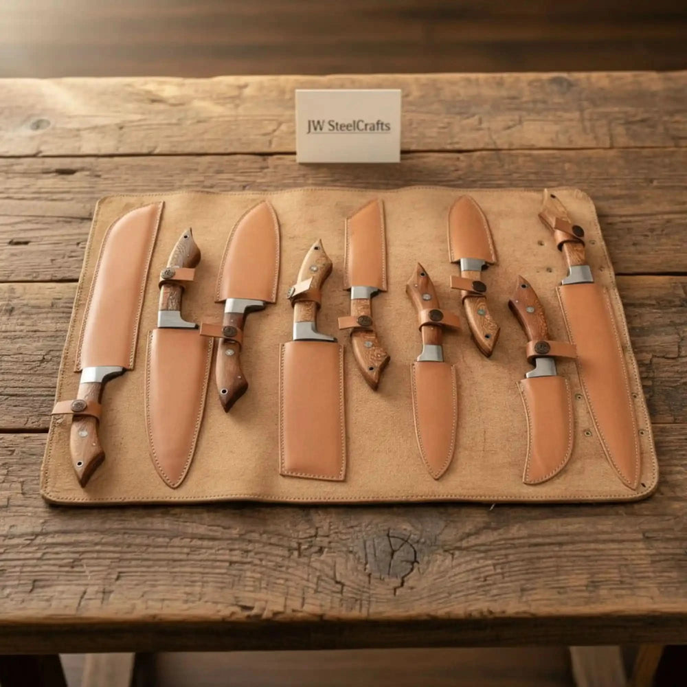 Chef knives made from Damascus steel with decorative blade patterns and leather storage.
