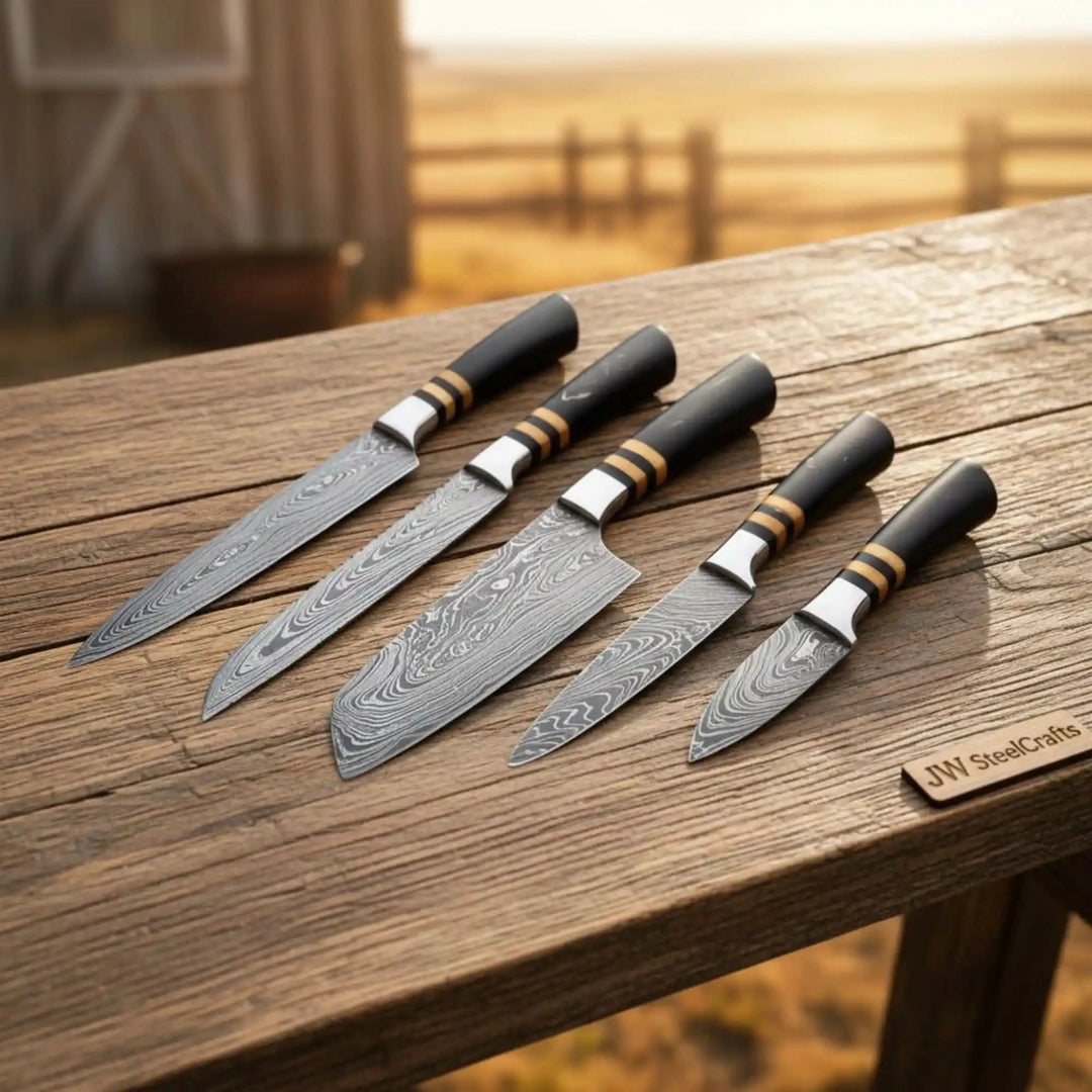 Damascus Knife Set Black Resin Rosewood Handle Replica