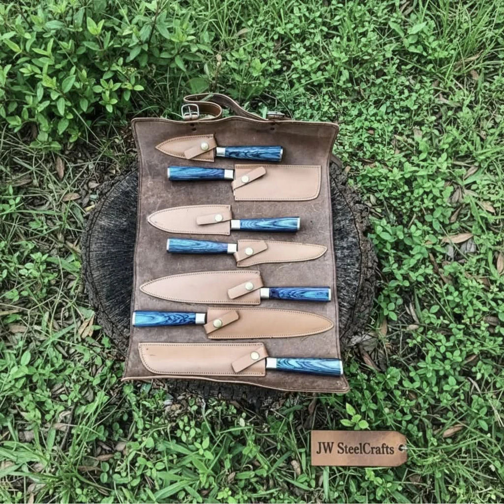 Damascus Knife Set Blue Stabilized Wood Replica