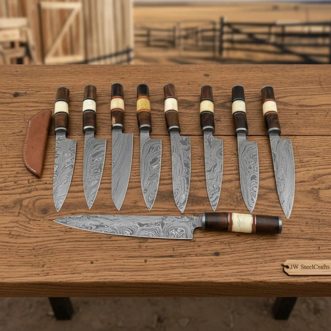 Damascus Knife Set Bone And Rosewood Handle