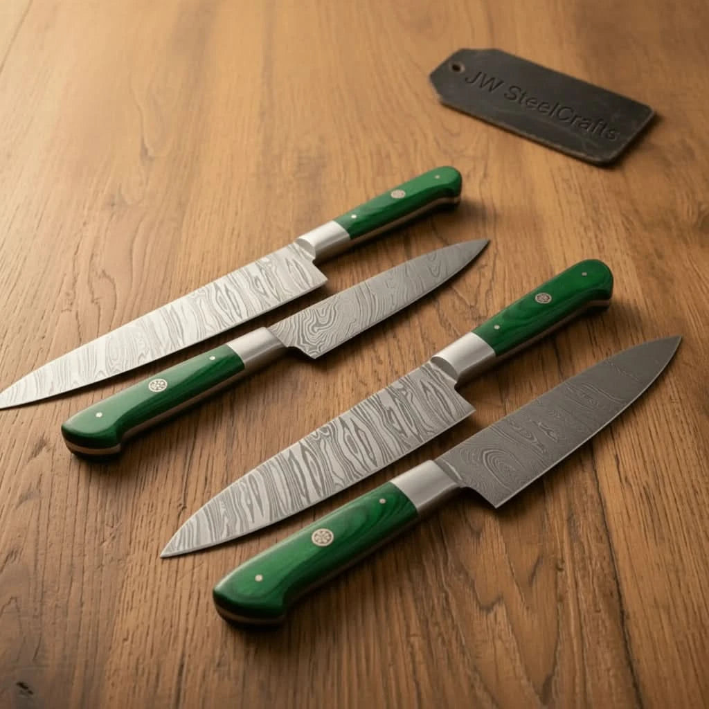 Damascus Knife Set Green Wood Handle Replica